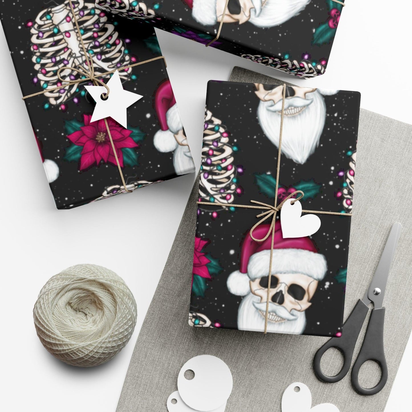 Santa Skull Goth Christmas Eco-Friendly Black Wrapping Paper, Kitschy Creepmas Whimsigoth | lovevisionkarma.com