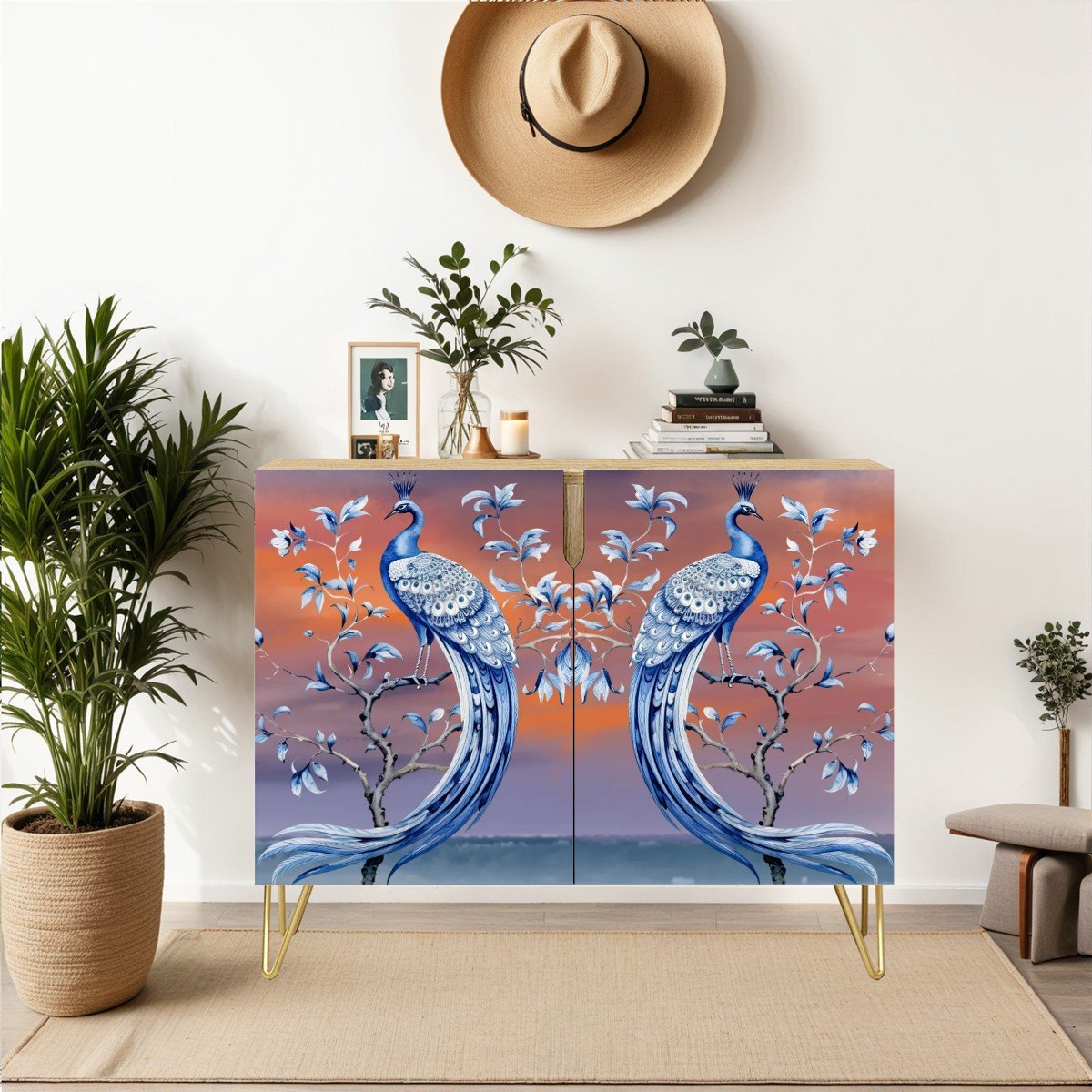 Chinoiserie Peacock Toile Mid Century Modern Blue and Orange Sideboard, Credenza, Wooden Storage Cabinet