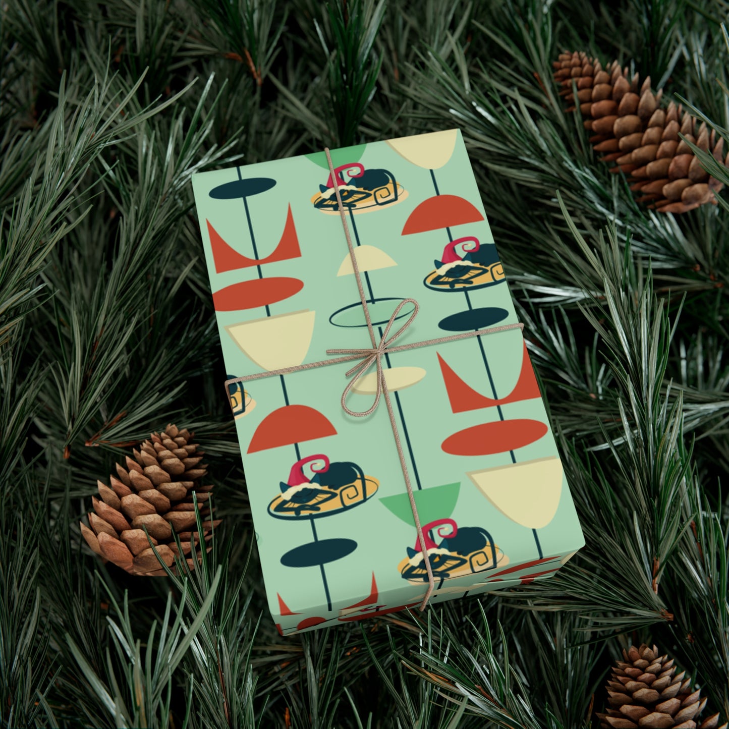 Retro 50's Atomic Cat Christmas Kitschy Mid Century Modern Green Eco-Friendly Wrapping Paper