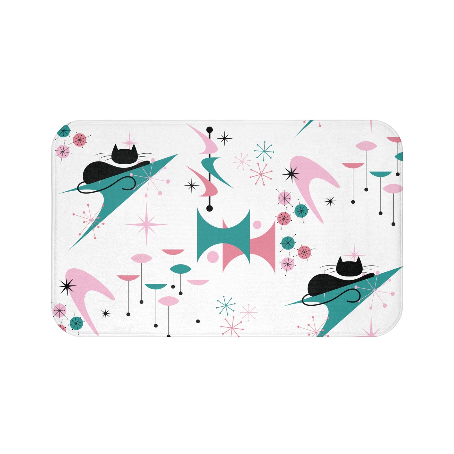 Retro 50s Atomic Black Cat, Boomerang & Starburst MCM Pink, Teal-Green & White Bath Mat