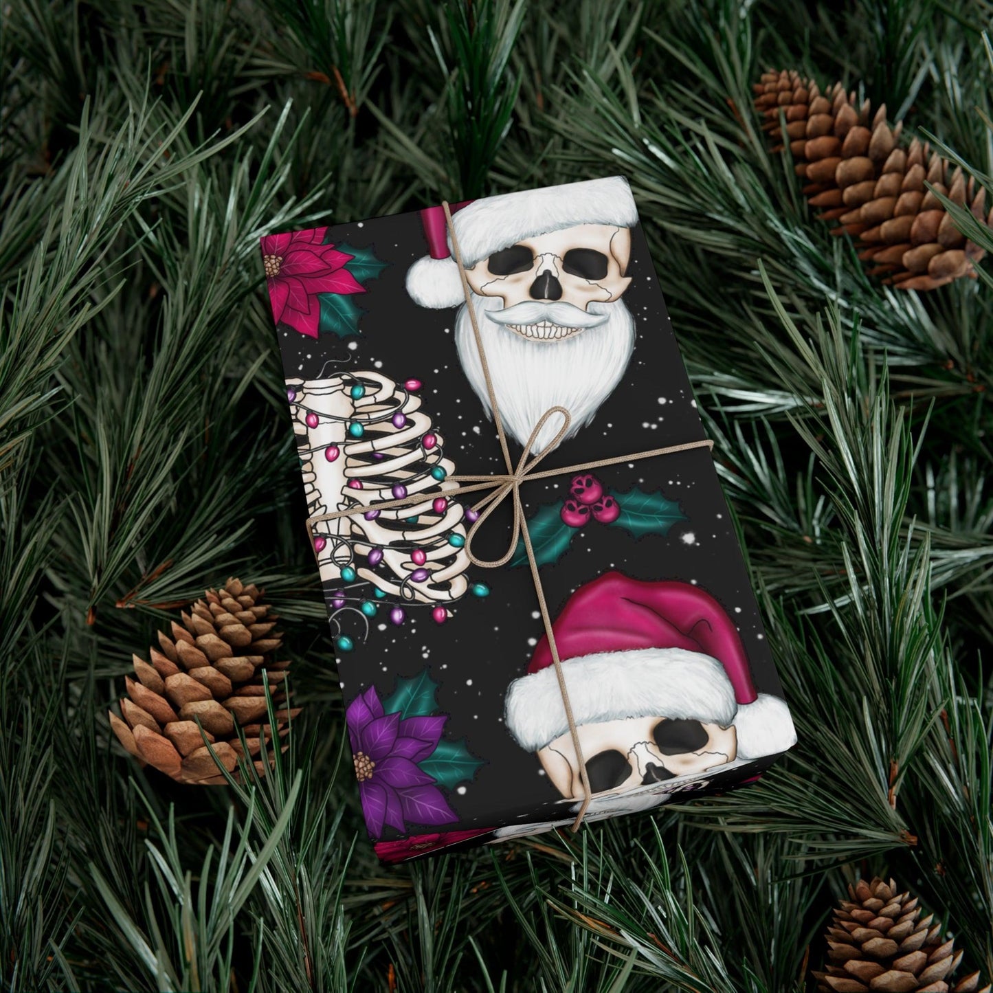 Santa Skull Goth Christmas Eco-Friendly Black Wrapping Paper, Kitschy Creepmas Whimsigoth | lovevisionkarma.com