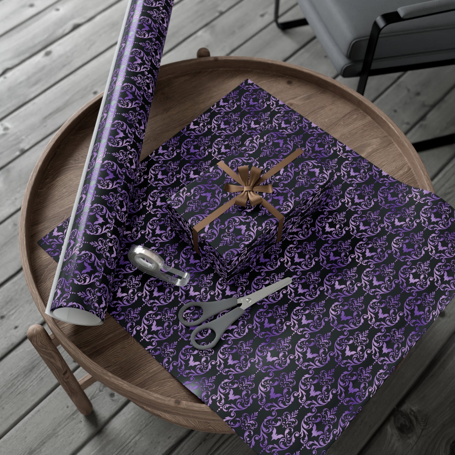 Purple Damask Bats, Victorian Goth Inspired, Dark Academia Goth Christmas & Creepmas Glam Goth Black Gift Wrap Paper