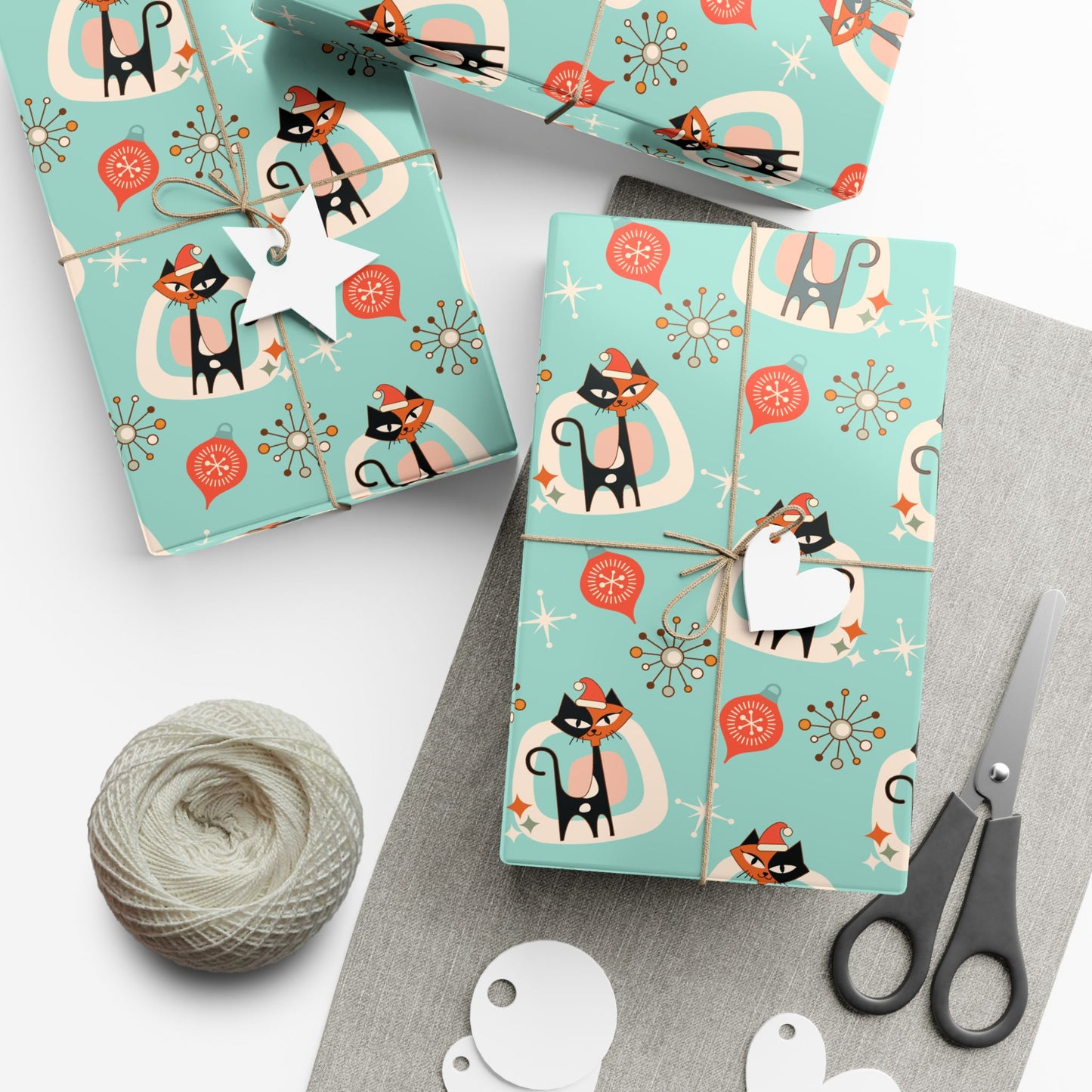 Retro 50's Atomic Cat & Starbursts Kitschy Christmas Mid Century Modern Blue Eco-Friendly Wrapping Paper