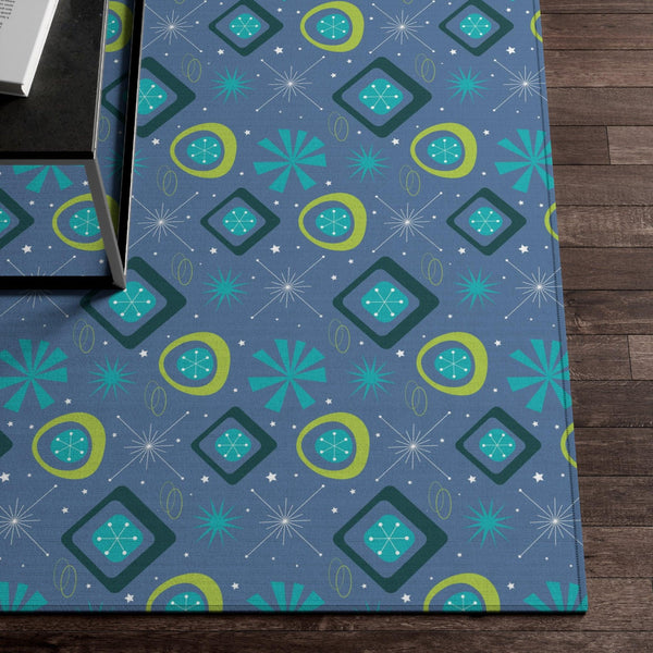 Retro Atomic Burst MCM Space Age Blue & Green Anti-Slip Accent Rug