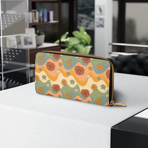 Boho Flowers and Waves Cottagecore Retro Multicolor Zipper Wallet