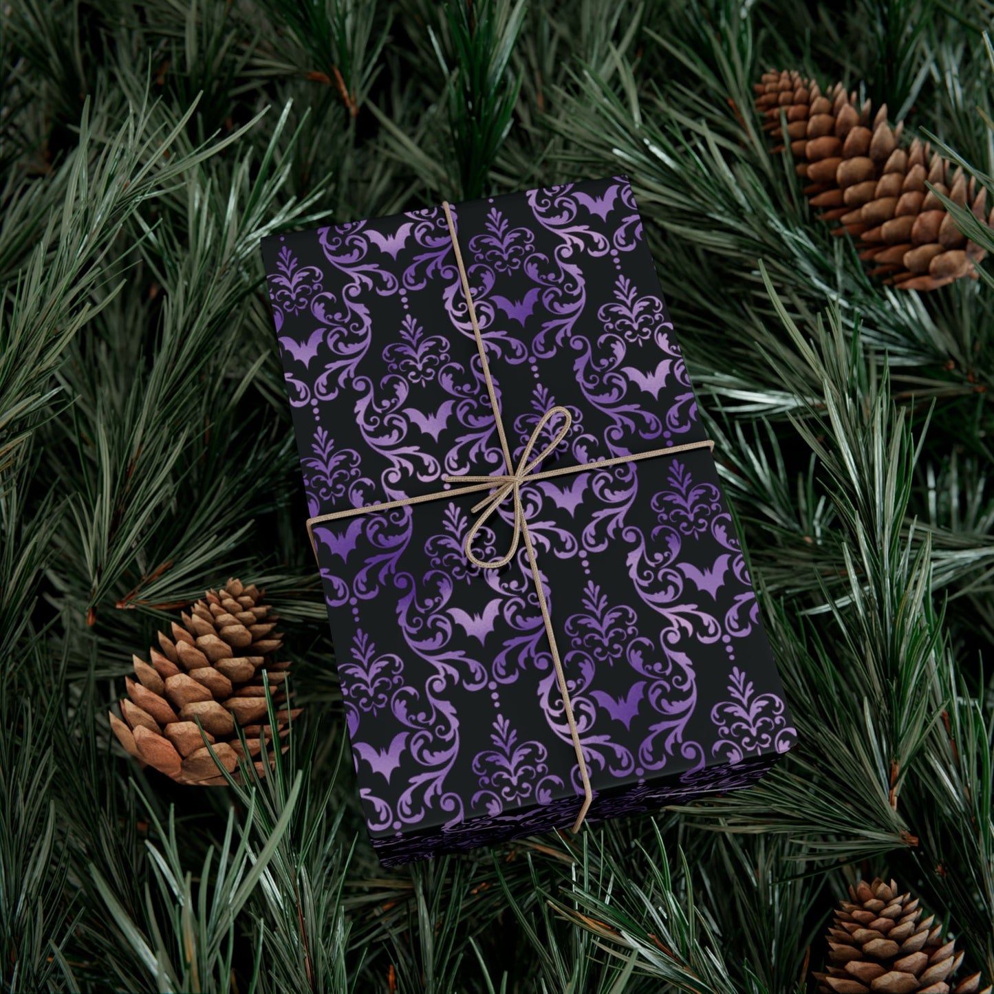 Purple Damask Bats, Victorian Goth Inspired, Dark Academia Goth Christmas & Creepmas Glam Goth Black Gift Wrap Paper