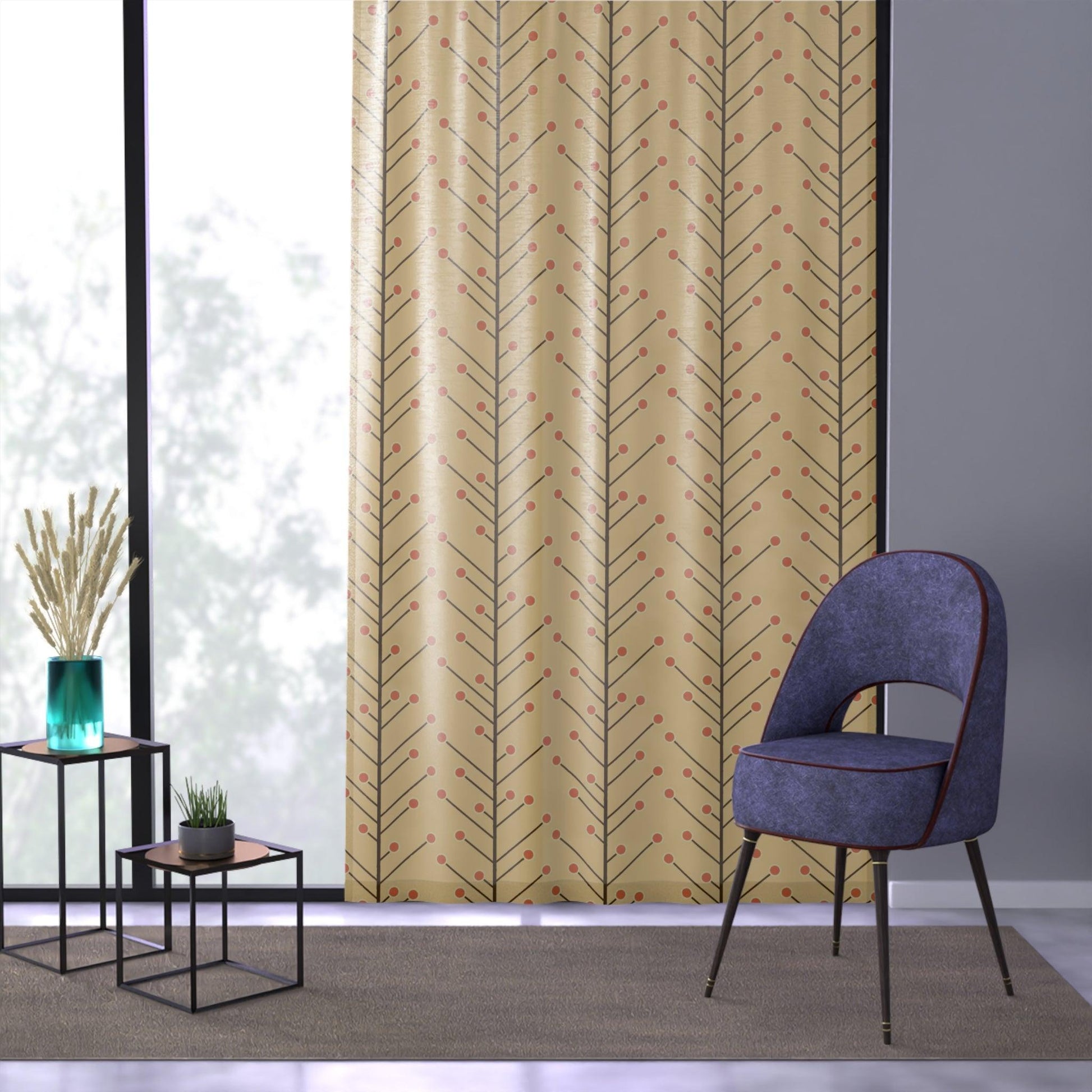 Retro 50's Mid Century Mod Minimalist Trees, Yellow Beige Sheer Window Curtain Panel | lovevisionkarma.com