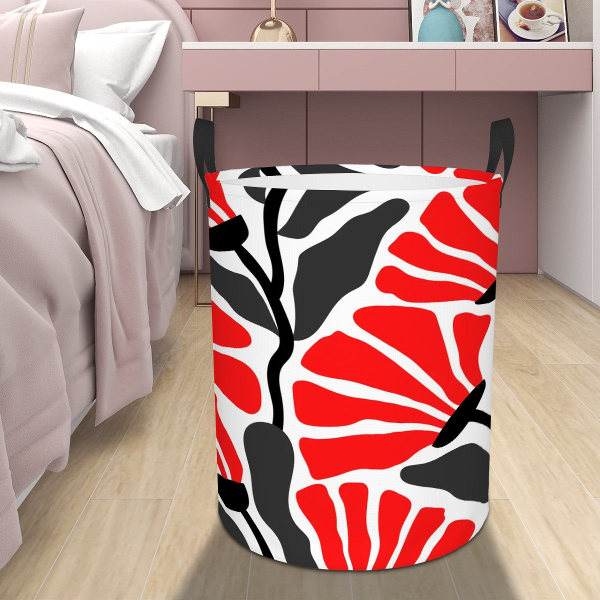 Groovy Retro Abstract Flowers MCM Red, Black, White and Gray Circular Laundry Basket