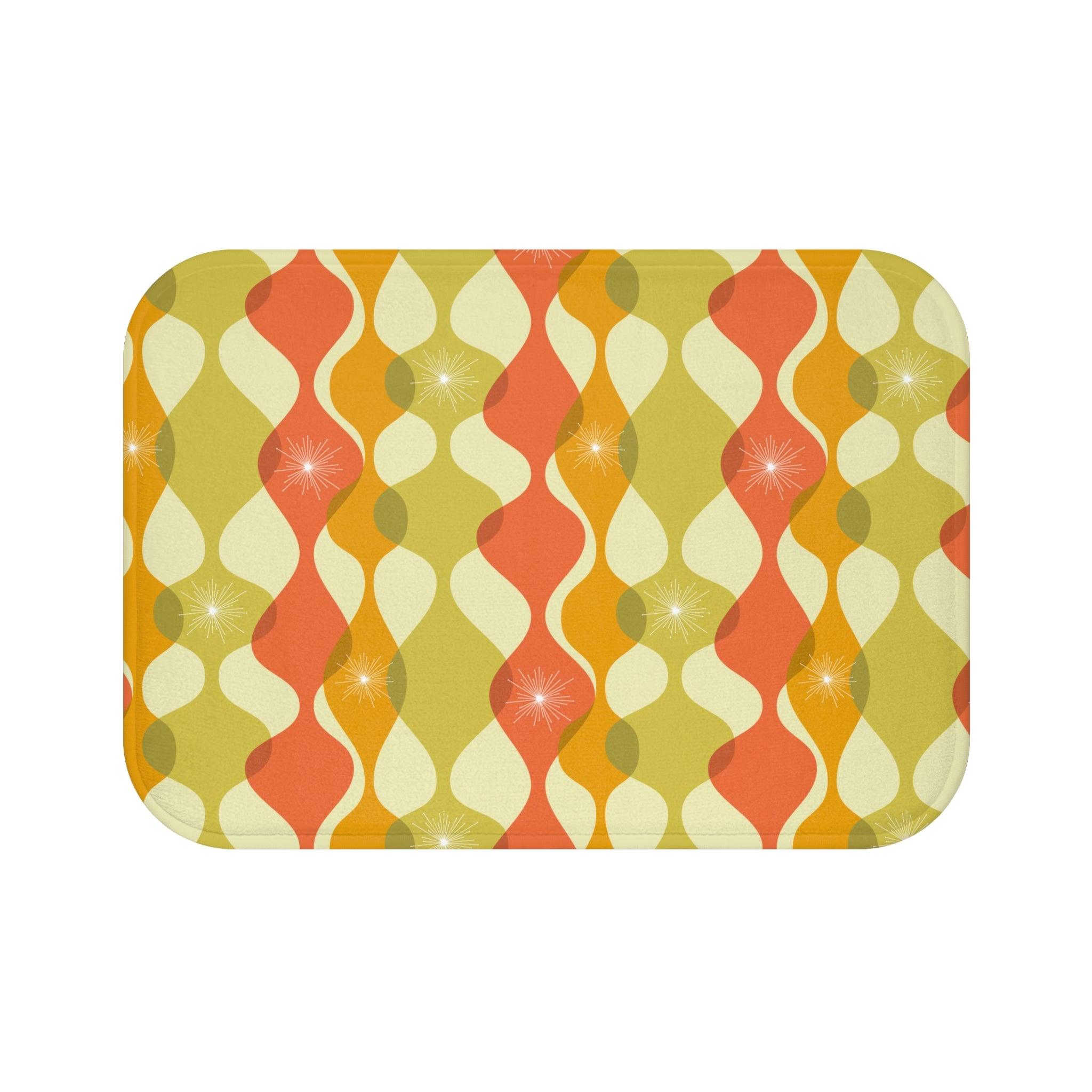Retro 60s 70s Mid Century Mod Abstract Green, Orange & Mustard Bath Mat