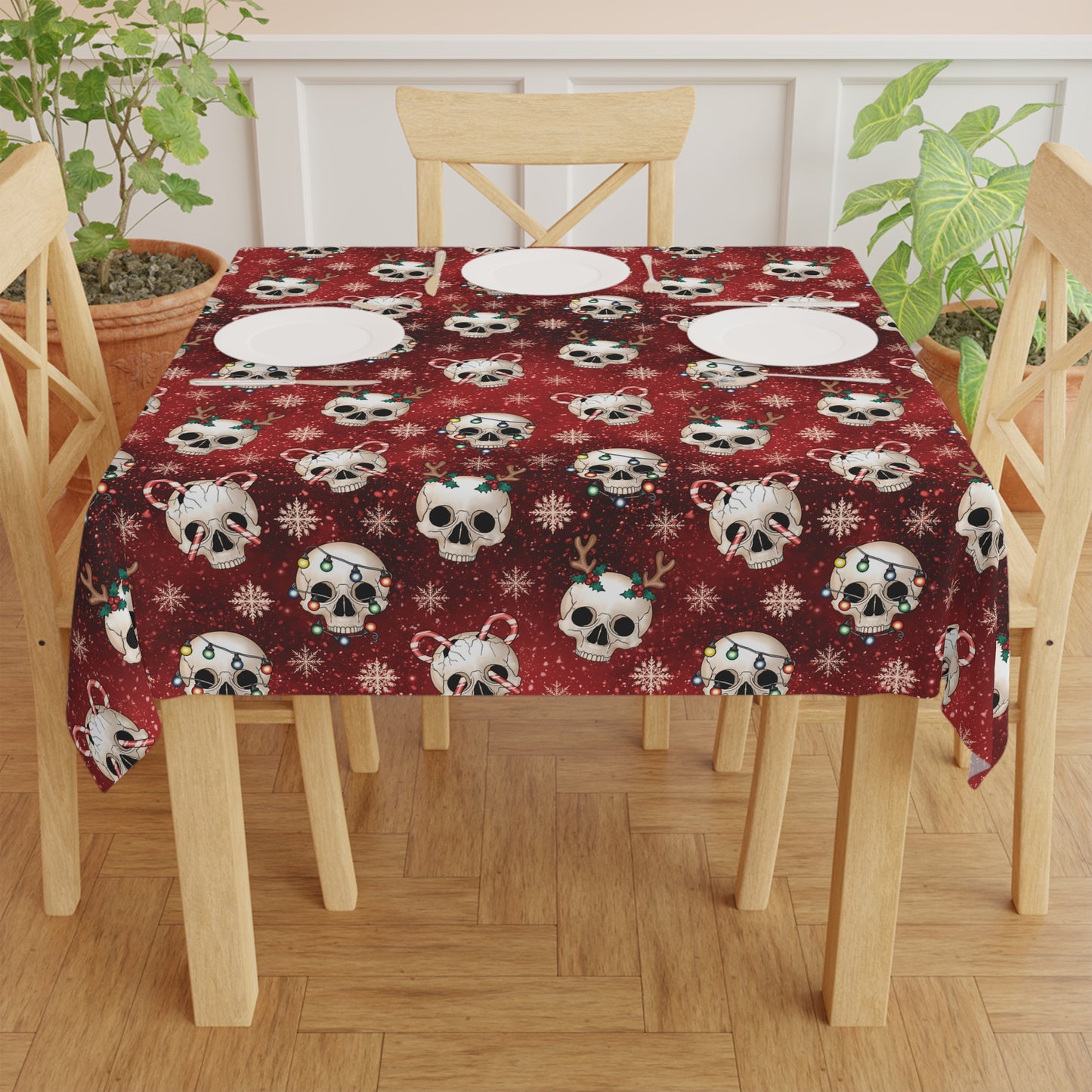 Goth Christmas Skulls, Red Gothmas Creepmas Whimsigoth Tablecloth