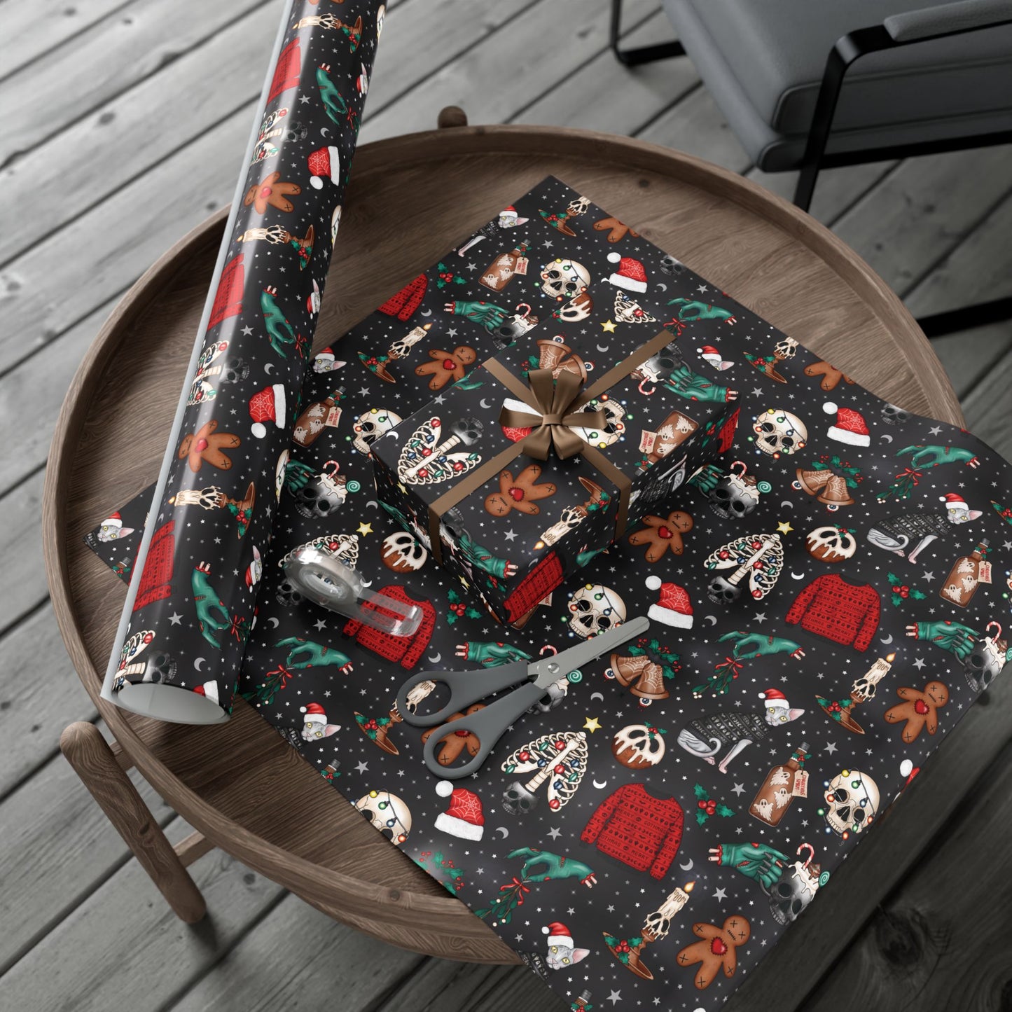 Kitschy Kawaii Goth Christmas, Creepy Cute Whimsigoth Creepmas Black Eco-Friendly Gift Wrap Paper