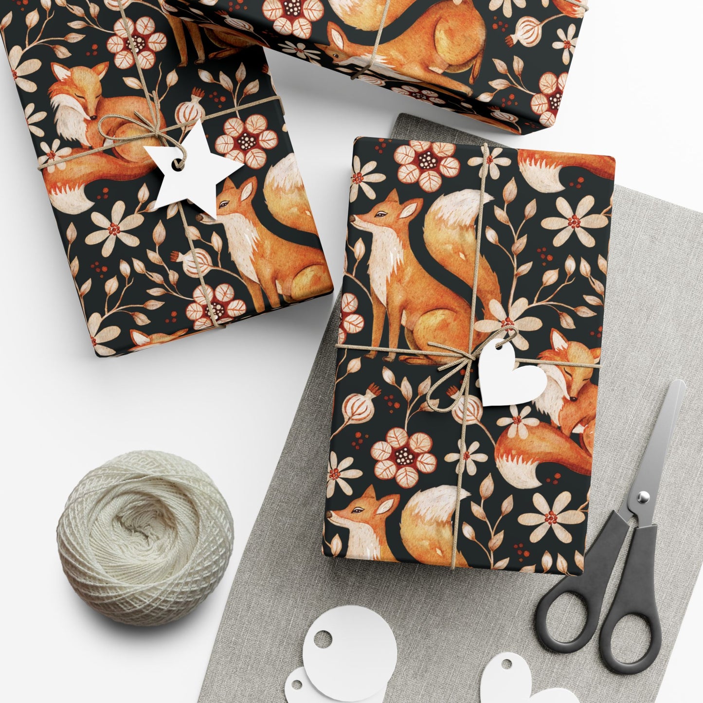 Enchanted Woodland Fox, Floral Dark Cottagecore Watercolor Style, Black Eco-Friendly Gift Wrap