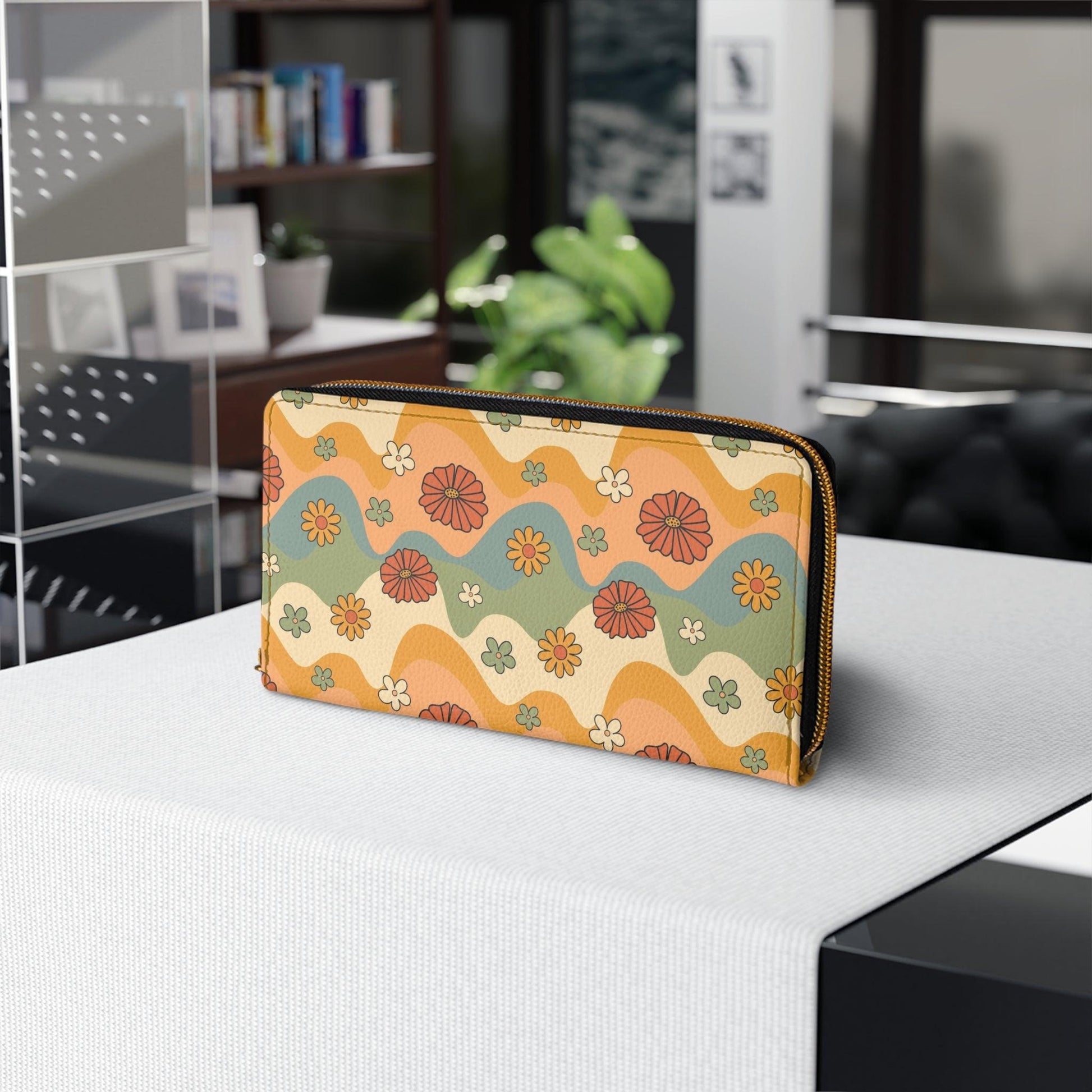 Boho Flowers and Waves Cottagecore Retro Multicolor Zipper Wallet | lovevisionkarma.com