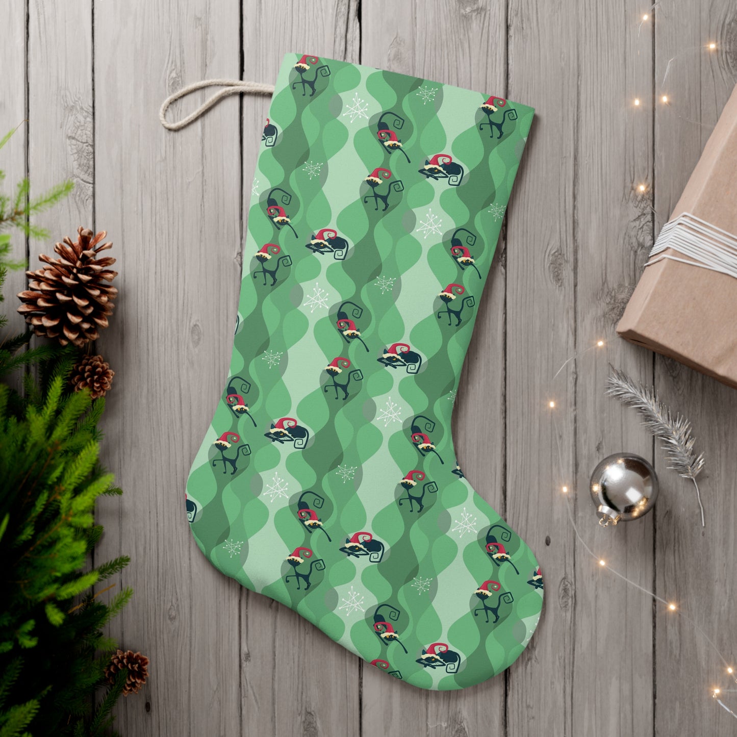 Retro Atomic Cat 50s Mid Century Modern Green Christmas Stocking