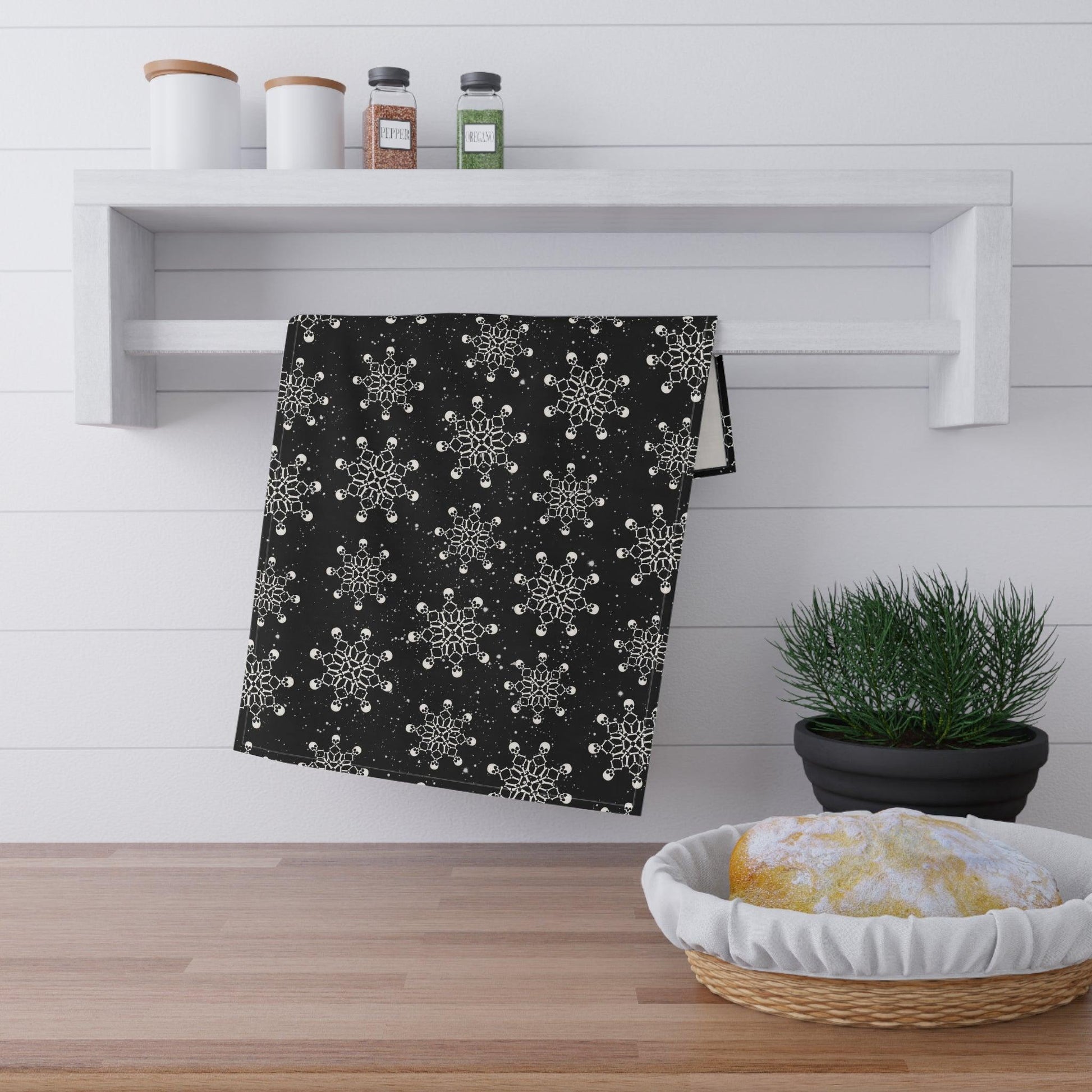 Goth Christmas Skull Snowflakes Creepmas Black Kitchen Tea Towel | lovevisionkarma.com