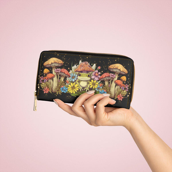 Mushrooms & Frog Boho Cottagecore & Mushroomcore Multicolor Zipper Wallet | lovevisionkarma.com