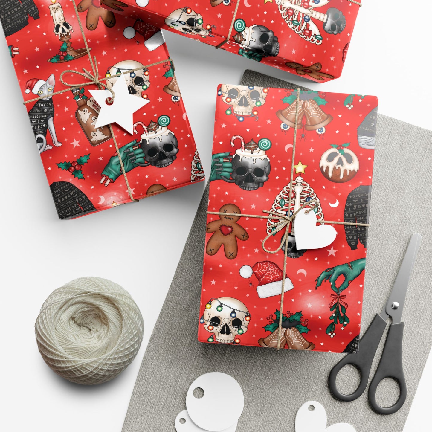Goth Christmas Kitsch Skulls, Cats & Zombie Hands Red Eco-Friendly Gift Wrap Paper