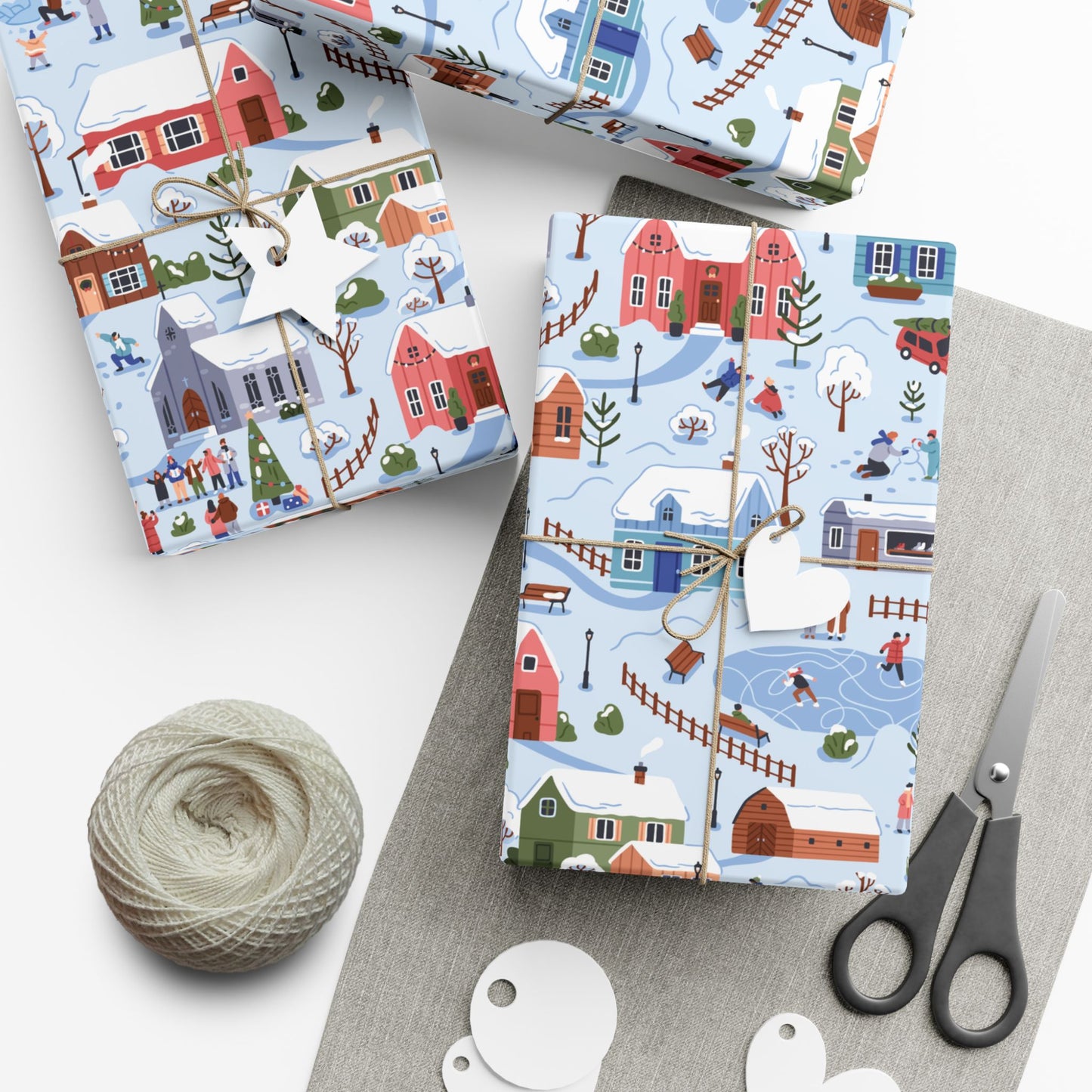 Small Town Christmas Village, Retro Vintage Winter Scene, Multicolor Eco-Friendly Gift Wrap