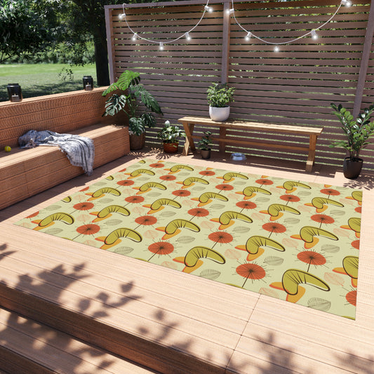 Retro 60s 70s Atomic Boomerangs & Leaves MCM Orange, Green & Yellow Anti-Slip Indoor/Outdoor Rug