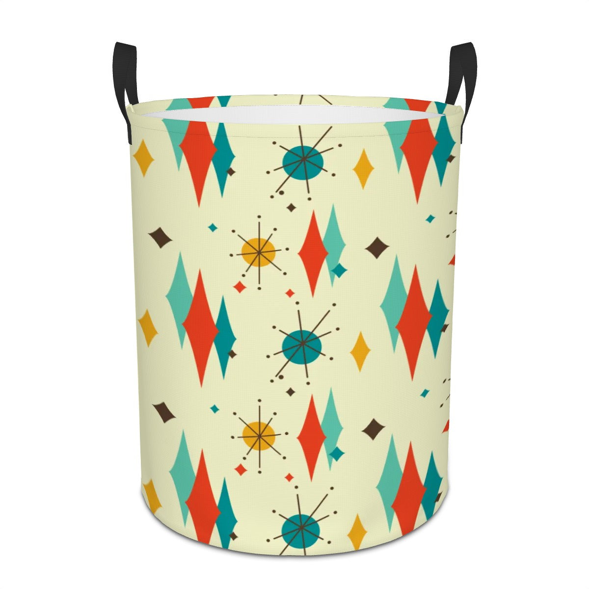 Retro 1950's Atomic Diamond and Starburst Colorful Mid Century Modern Round Laundry Hamper