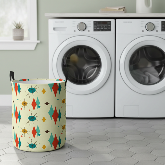 Retro 1950's Atomic Diamond and Starburst Colorful Mid Century Modern Round Laundry Hamper
