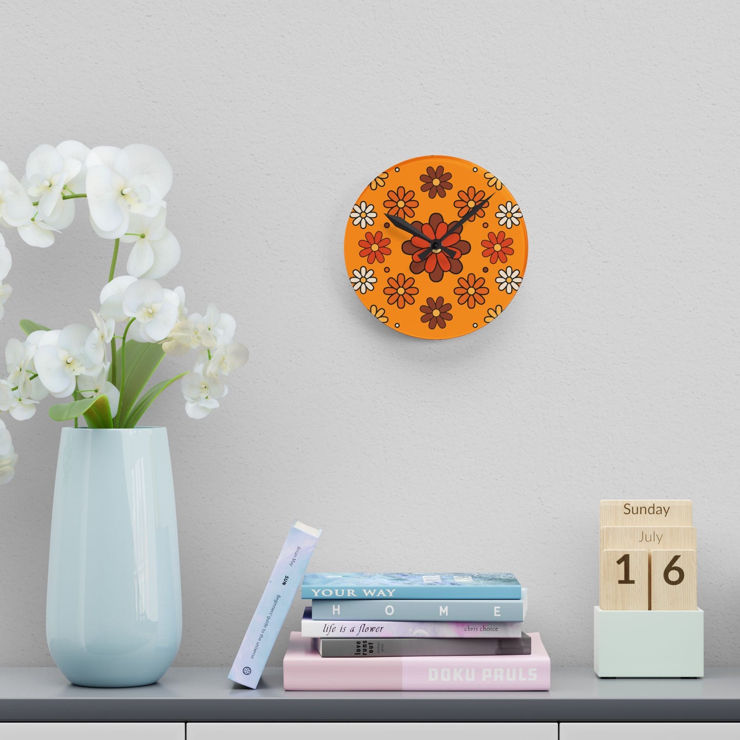 Retro 60s 70s Groovy Mod Daisy Floral Mid Century Orange & Brown Acrylic Wall Clock