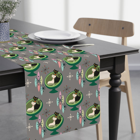 Retro 50s Atomic Cats Space Age, Mid Century Modern Gray Table Runner