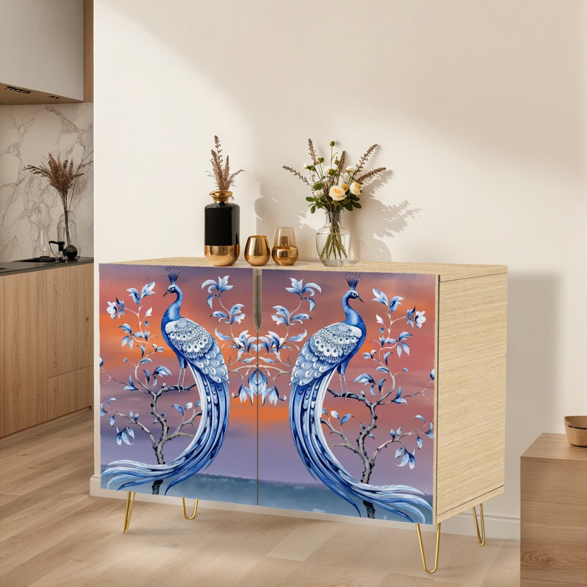 Chinoiserie Peacock Toile Mid Century Modern Blue and Orange Sideboard, Credenza, Wooden Storage Cabinet