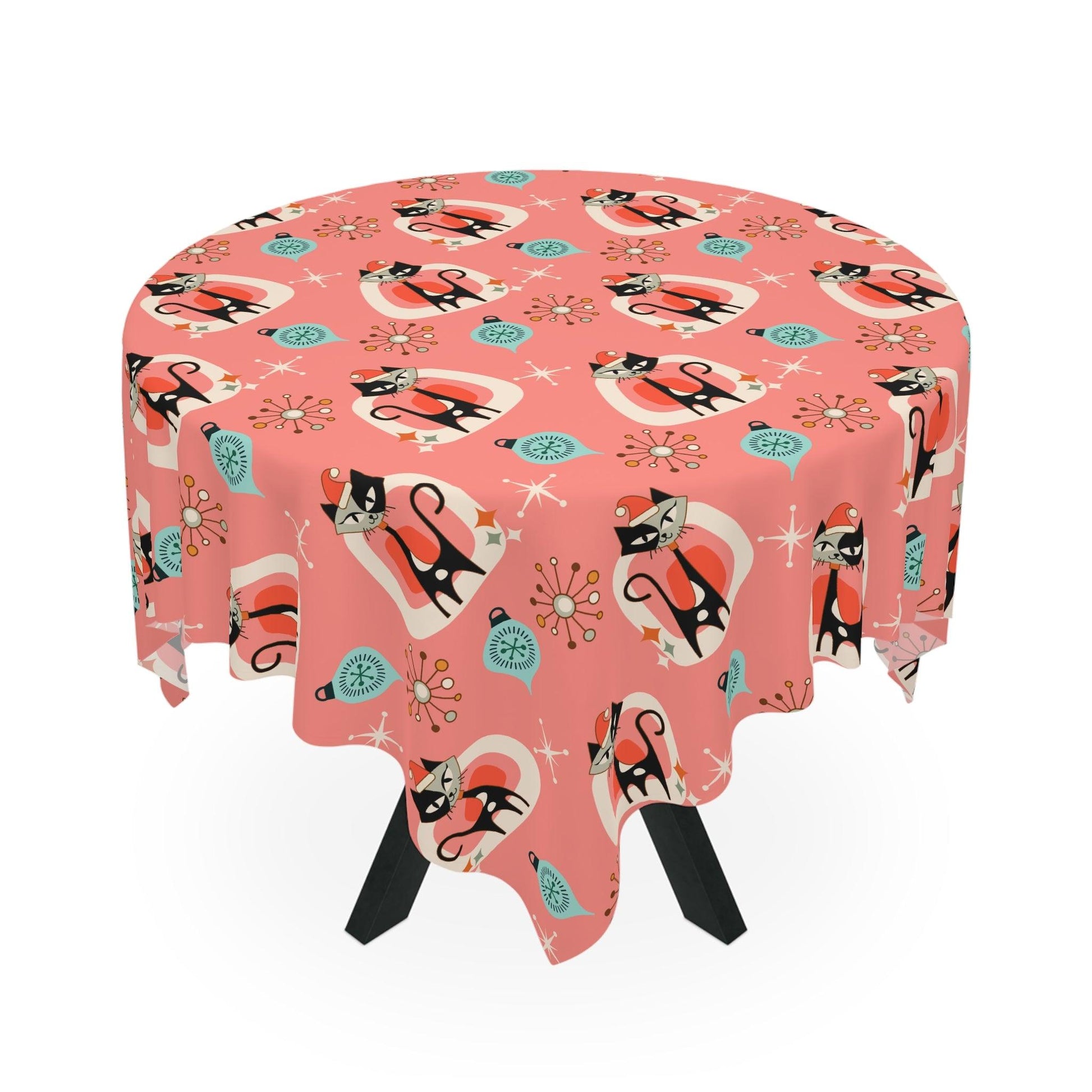 Retro 1950s Christmas Atomic Cat Mid Century Mod Coral Pink Holiday Tablecloth | lovevisionkarma.com