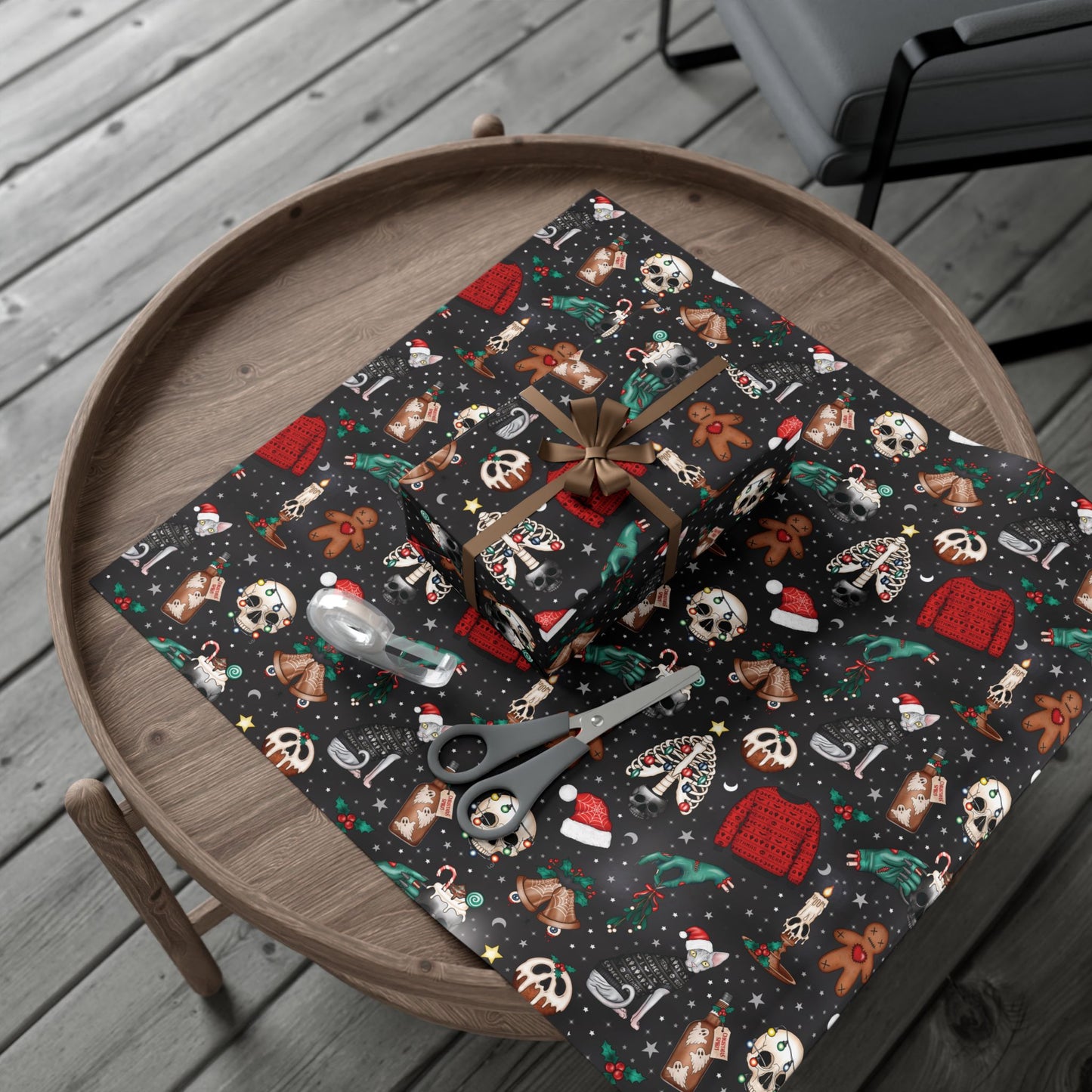 Kitschy Kawaii Goth Christmas, Creepy Cute Whimsigoth Creepmas Black Eco-Friendly Gift Wrap Paper