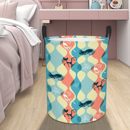 Retro 50s Atomic Cats Kitschy Groovy Multicolor Mid Century Modern Round Laundry Hamper