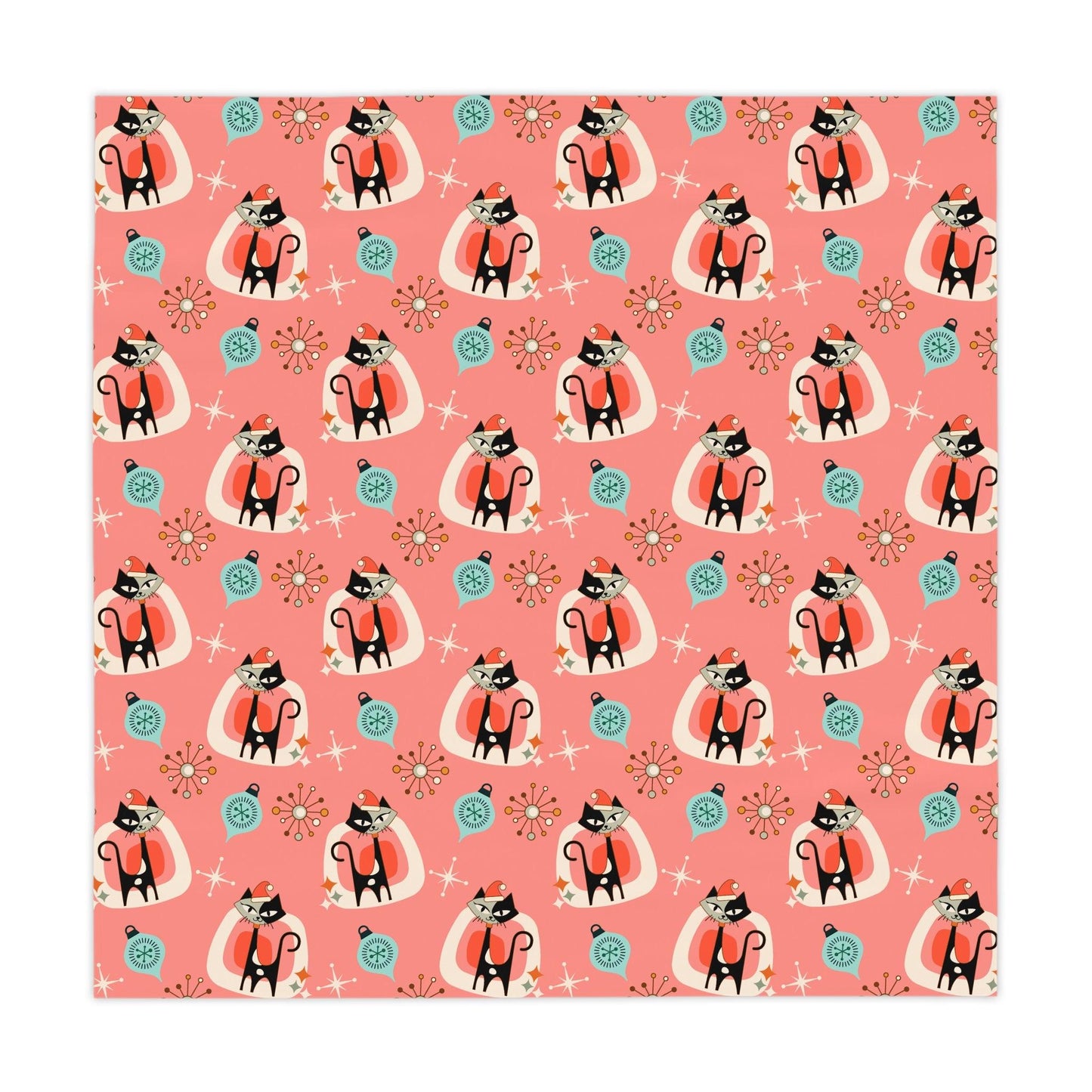 Retro 1950s Christmas Atomic Cat Mid Century Mod Coral Pink Holiday Tablecloth | lovevisionkarma.com