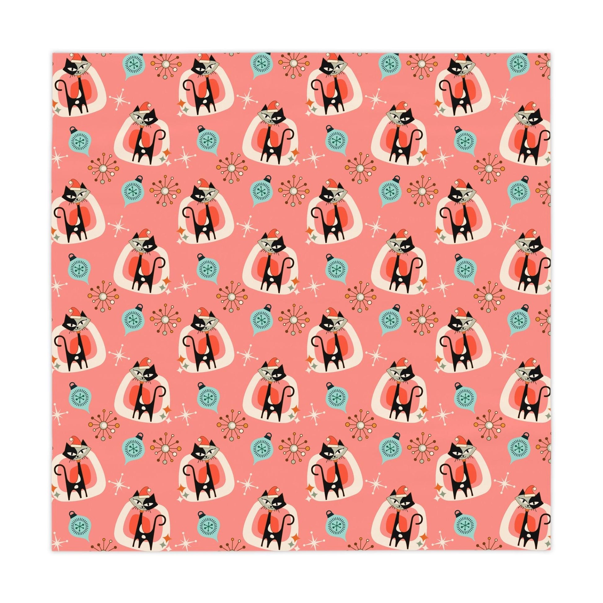 Retro 1950s Christmas Atomic Cat Mid Century Mod Coral Pink Holiday Tablecloth | lovevisionkarma.com