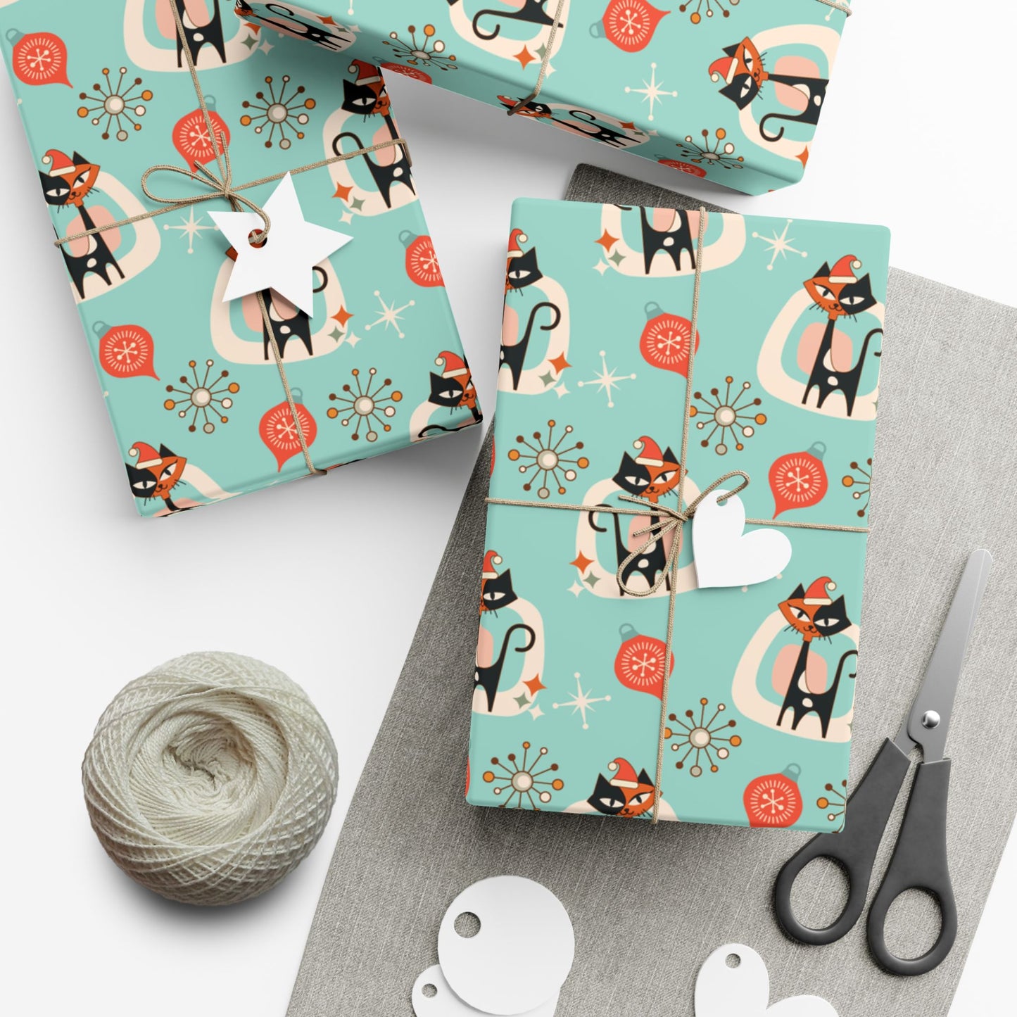 Retro 50's Atomic Cat & Starbursts Kitschy Christmas Mid Century Modern Blue Eco-Friendly Wrapping Paper