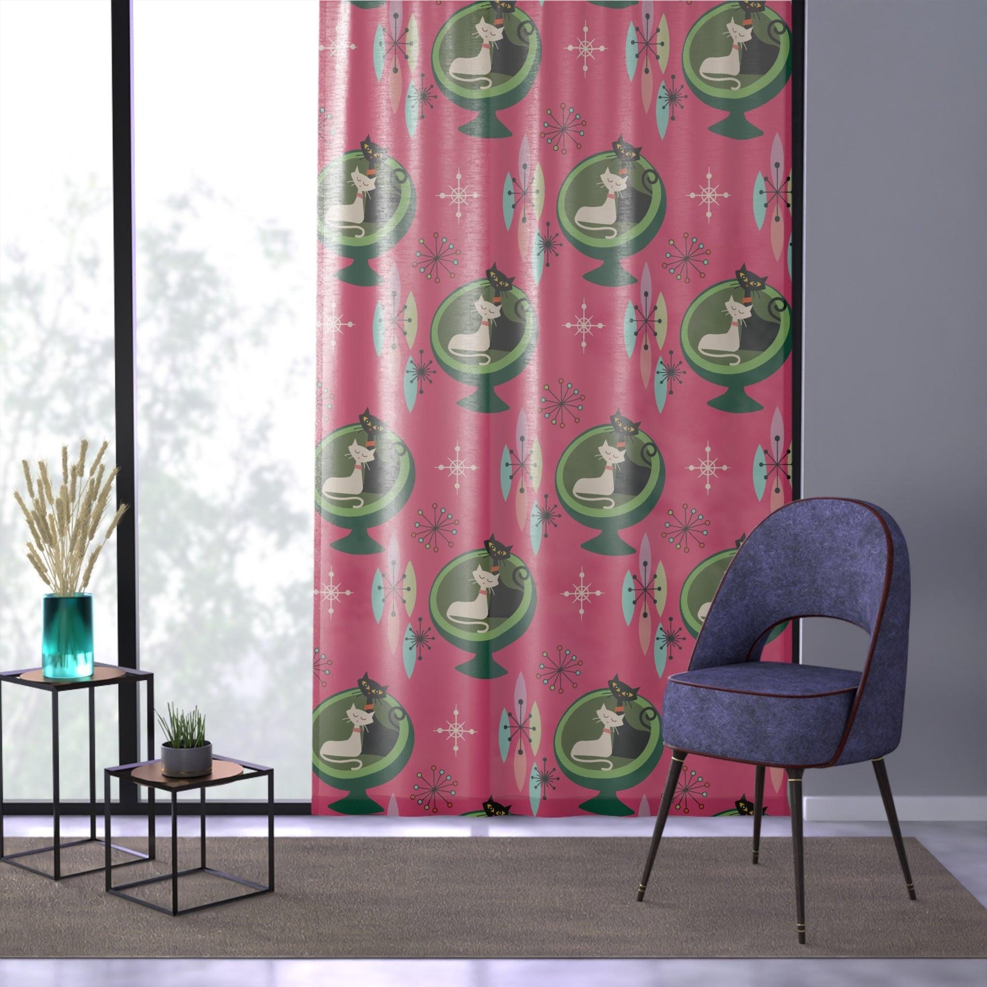 Retro 50s Atomic Cat Couple in Ball Chair Pink & Green MCM Sheer Window Curtain | lovevisionkarma.com