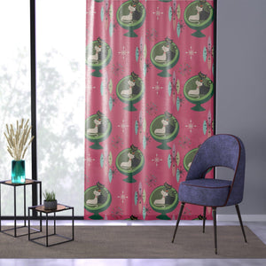 Retro 50s Atomic Cat Couple in Ball Chair Pink & Green MCM Sheer Window Curtain