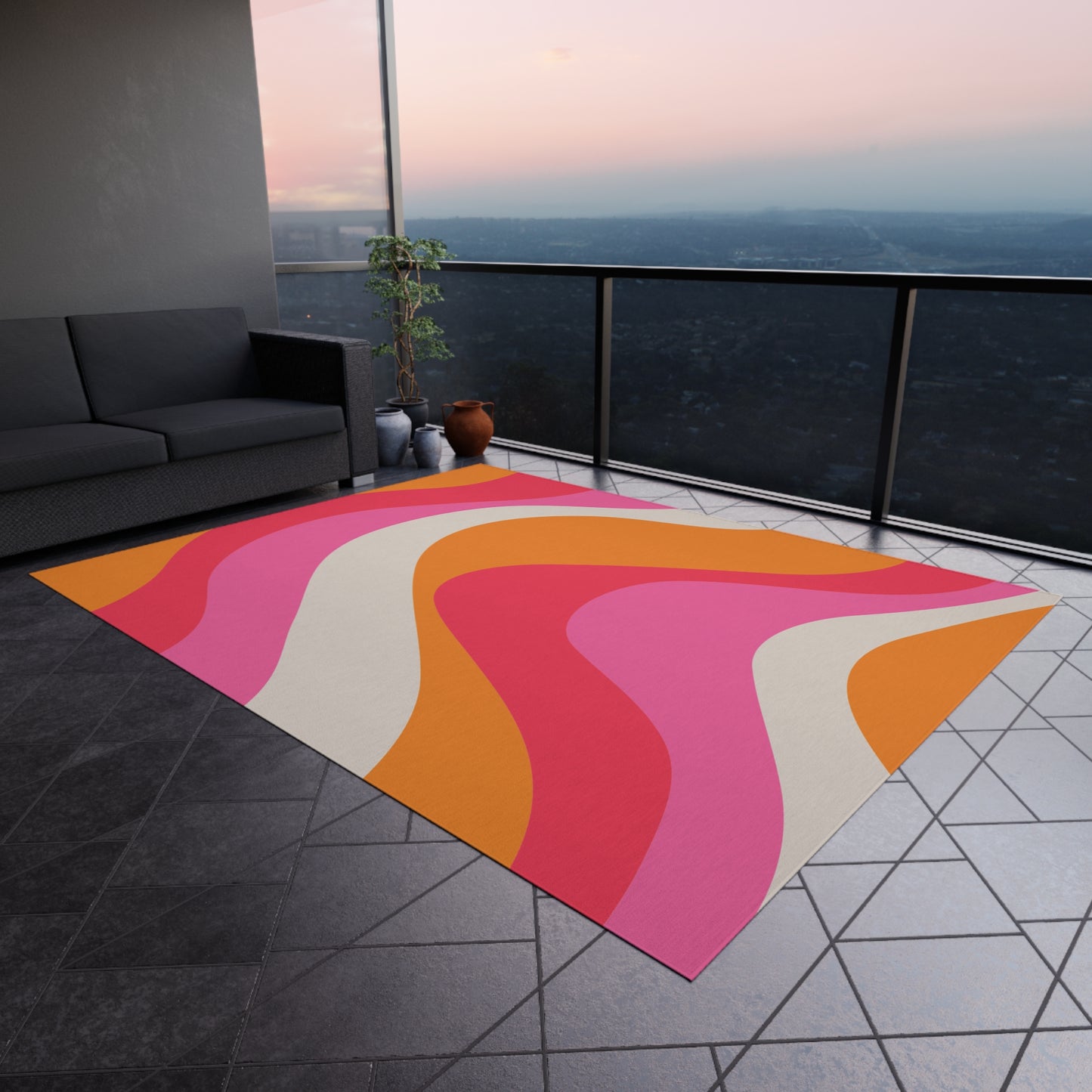 Groovy 60's Retro Mid Century Mod Swirl Pink, Orange & Cream Indoor/Outdoor Anti-Slip Accent Rug