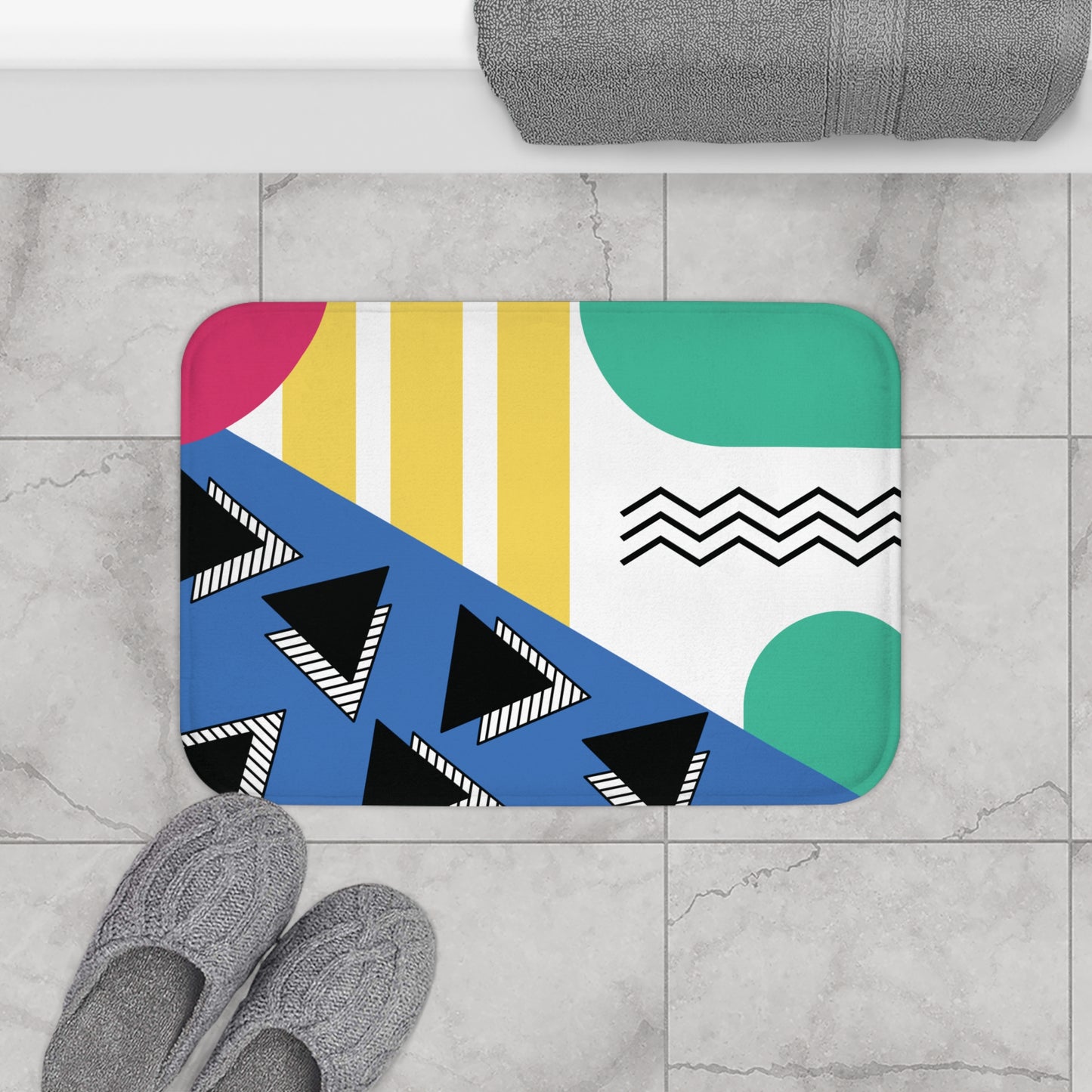 Retro 80's 90's Memphis Inspired Geometric, Throwback Aesthetic Multicolor Bath Mat