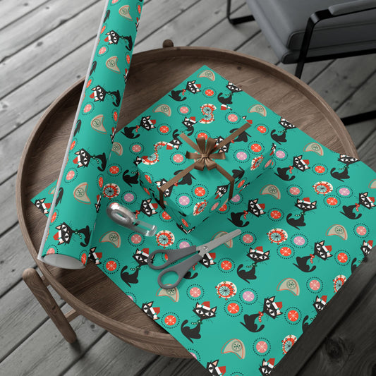 Retro 50's Atomic Cat Christmas Kitschy Mid Century Modern Teal Blue Eco-Friendly Wrapping Paper