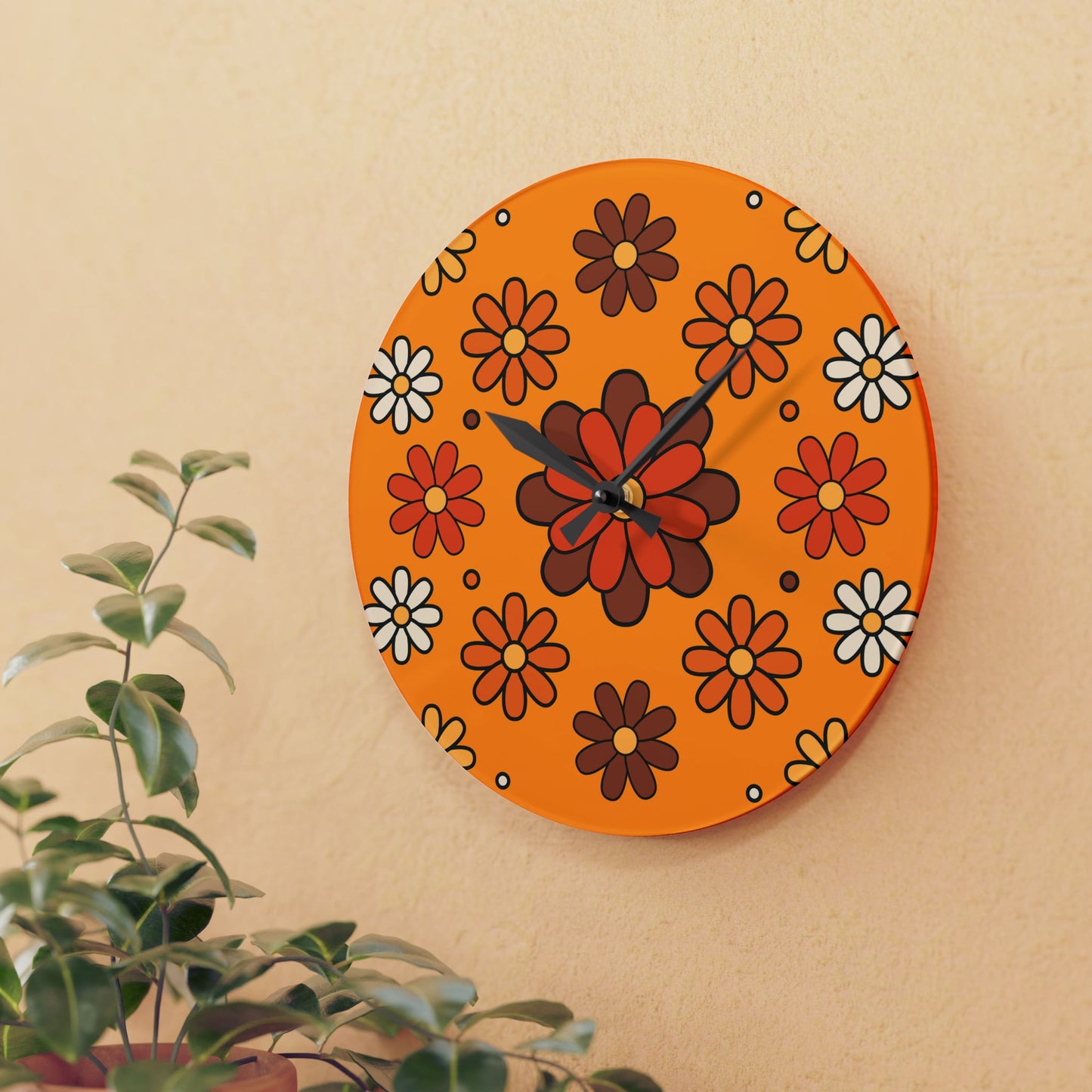 Retro 60s 70s Groovy Mod Daisy Floral Mid Century Orange & Brown Acrylic Wall Clock