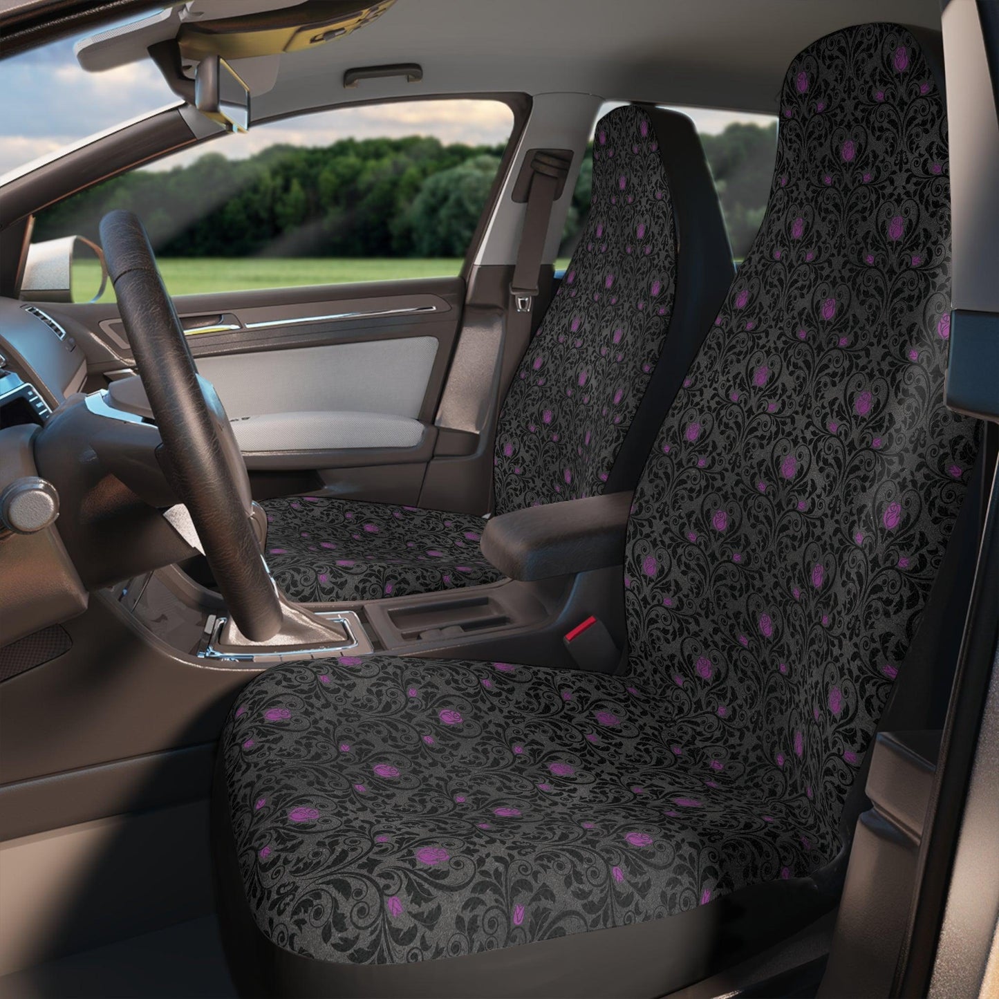 Victorian Goth Damask, Purple and Black Dark Academia Car Seat Covers | lovevisionkarma.com