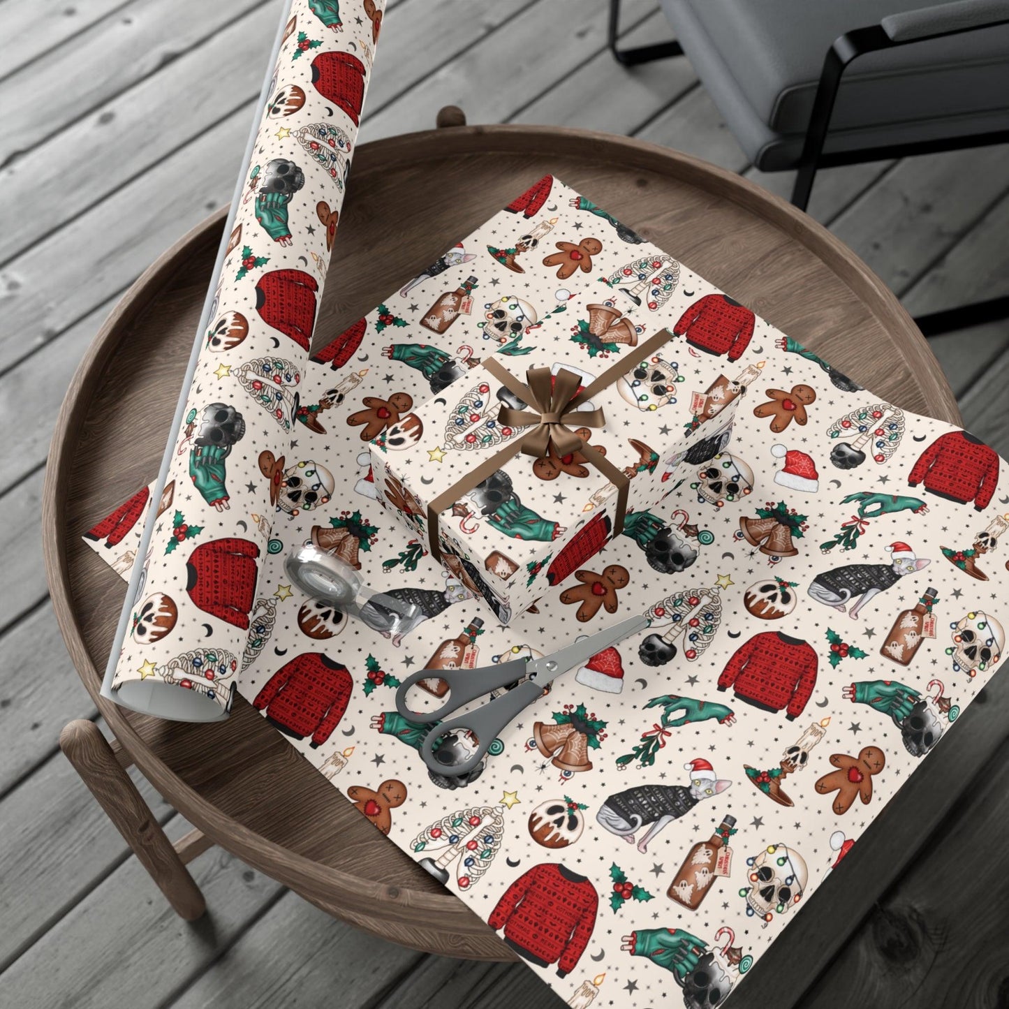 Goth Christmas Kitsch Skulls, Cats & Zombie Hands Multicolor Eco-Friendly Gift Wrap Paper | lovevisionkarma.com