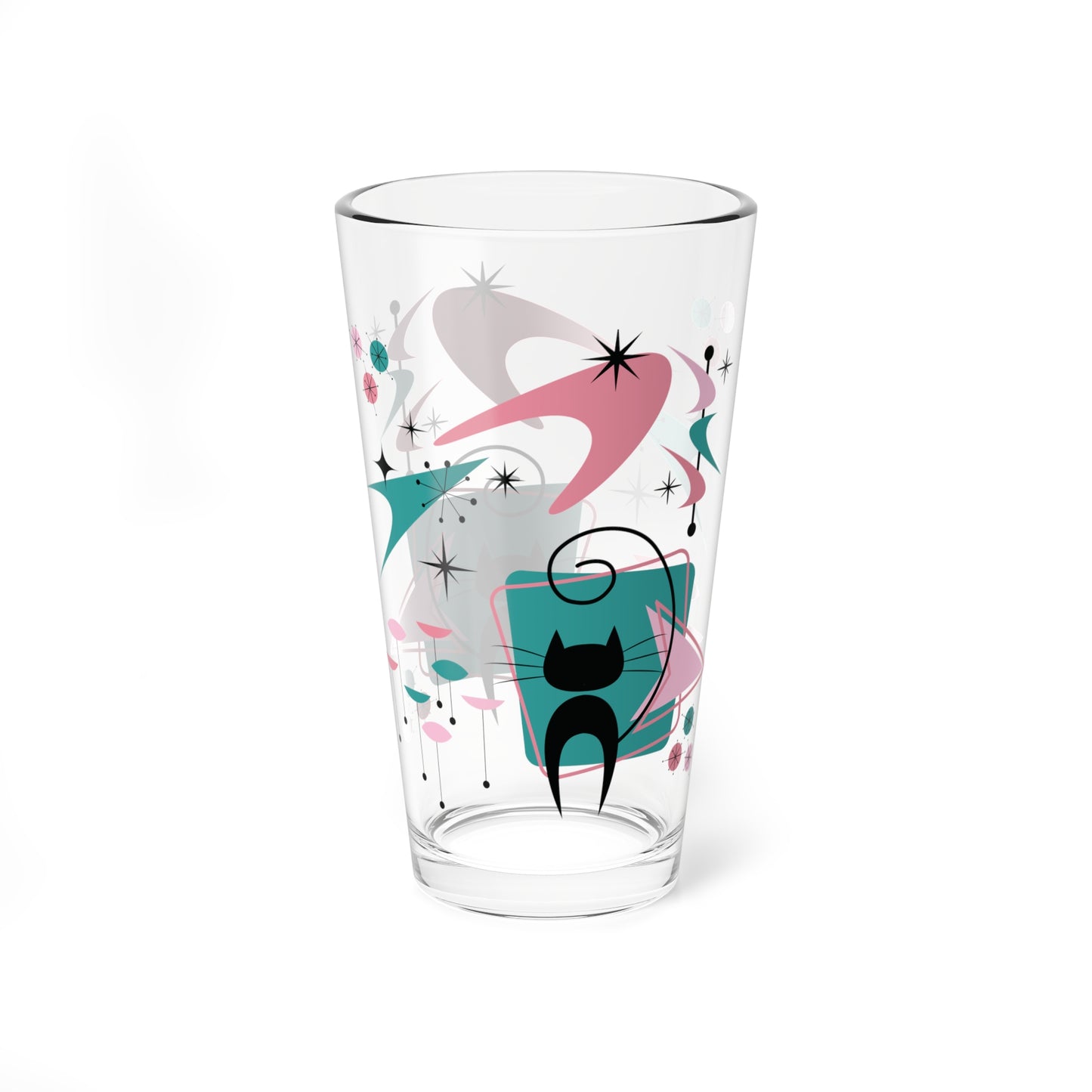 Retro 50s Atomic Black Cat, Boomerang & Starburst MCM Pink & Teal Green 16 oz Pint Glass