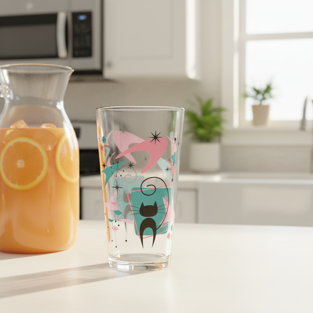 Retro 50s Atomic Black Cat, Boomerang & Starburst MCM Pink & Teal Green 16 oz Pint Glass
