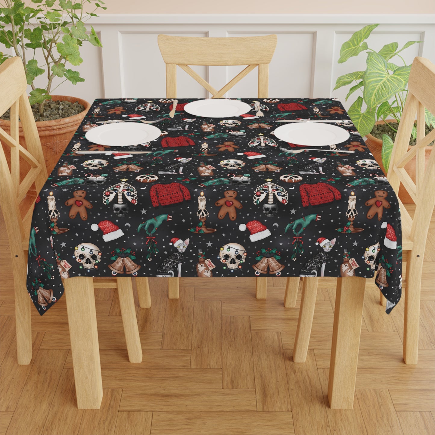 Kitschy Kawaii Goth Christmas, Creepy Cute Whimsigoth Creepmas Black Tablecloth