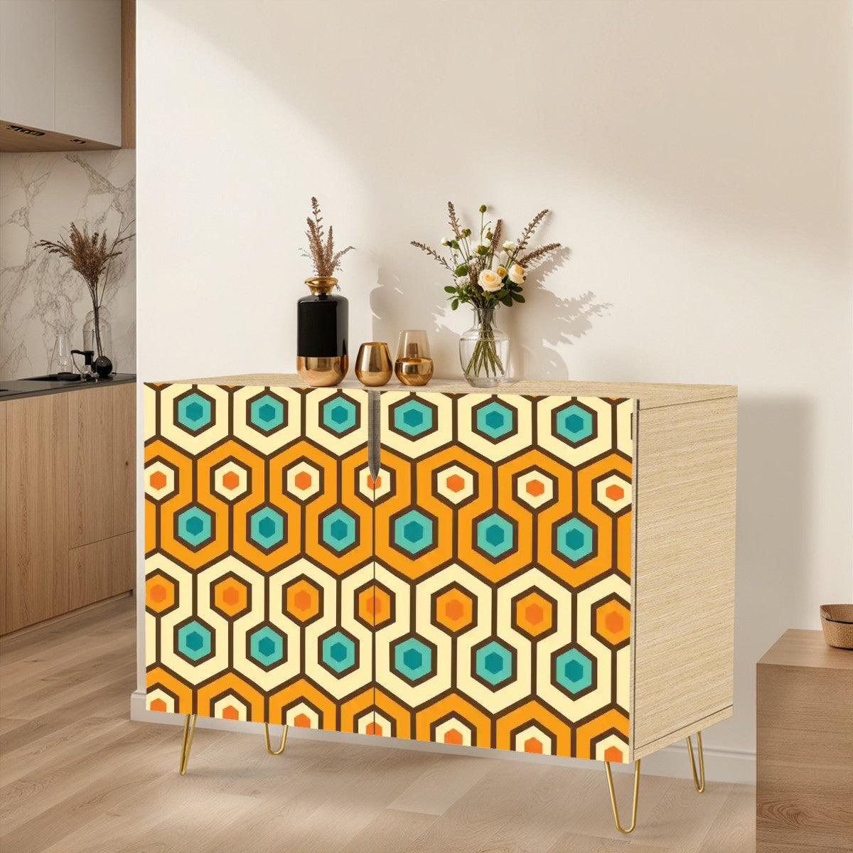 Retro 60s 70s Geometric Hexagon Mid Century Mod Orange & Teal Sideboard, Credenza, Wooden Storage Cabinet