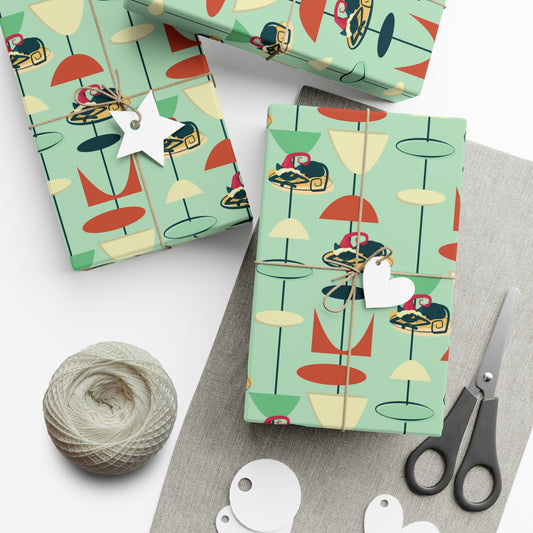 Retro 50's Atomic Cat Christmas Kitschy Mid Century Modern Green Eco-Friendly Wrapping Paper