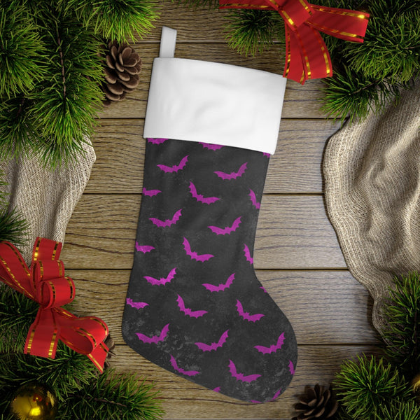 Purple Bats Goth Christmas, Creepy Scary Distressed Black Creepmas Stocking