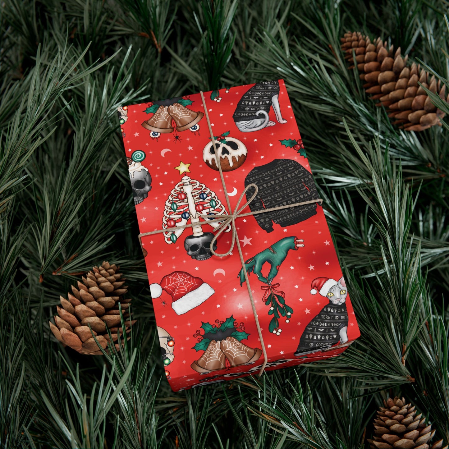 Goth Christmas Kitsch Skulls, Cats & Zombie Hands Red Eco-Friendly Gift Wrap Paper