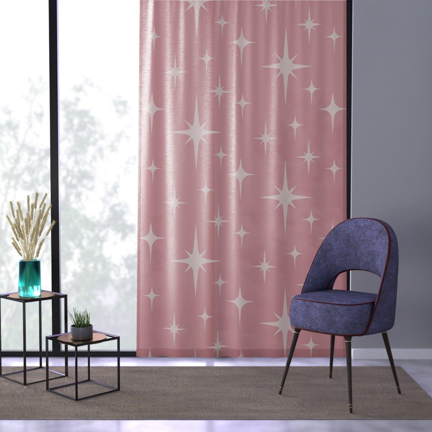 Retro 50s Atomic Starburst Pink Mid Century Modern Sheer Window Curtain | lovevisionkarma.com